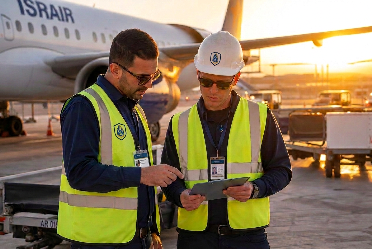 Airport ground operations crew servicing an aircraft in Israel